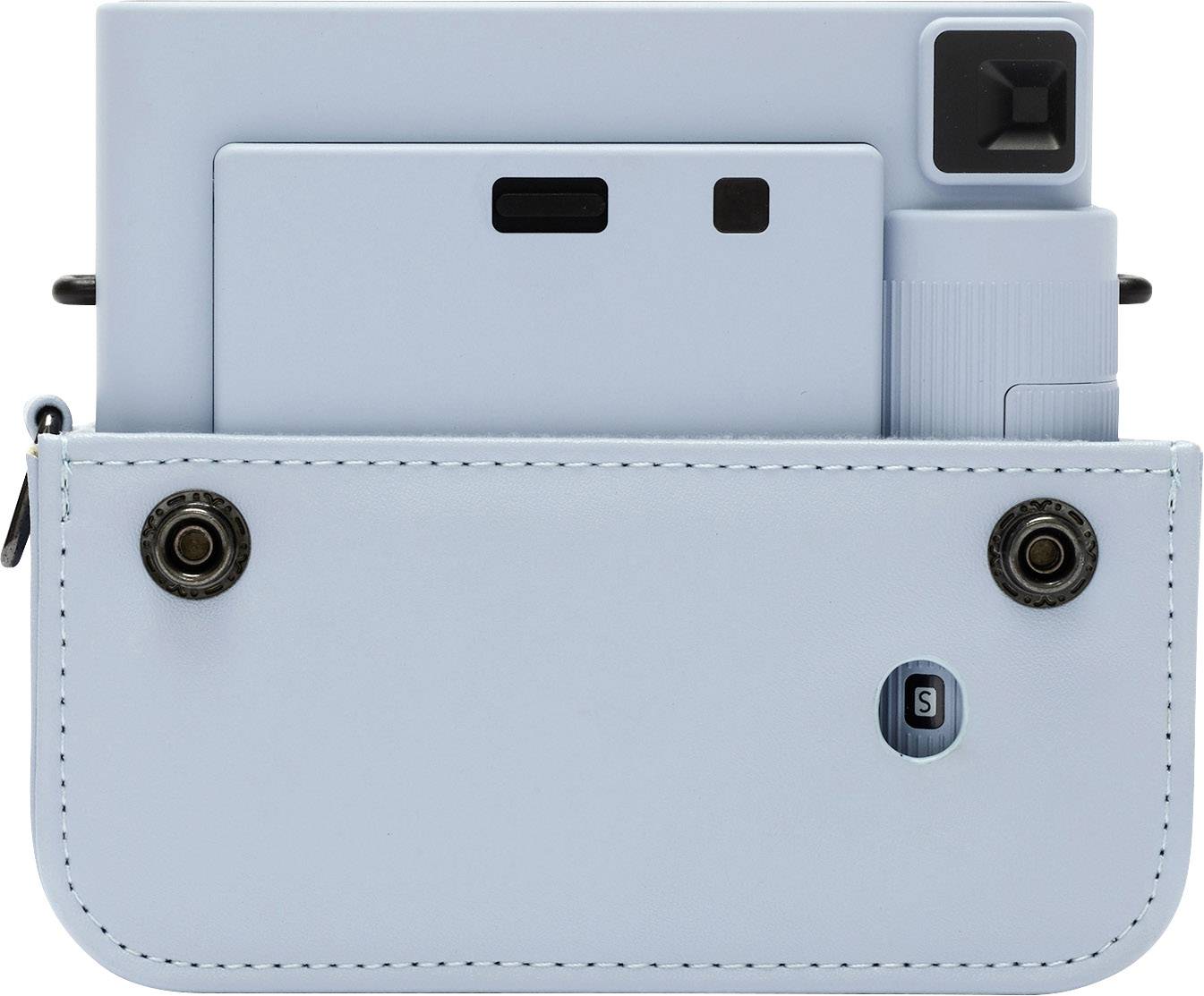A light blue camera in a matching protective case, with a viewing window for the viewfinder and buttons for fastening.