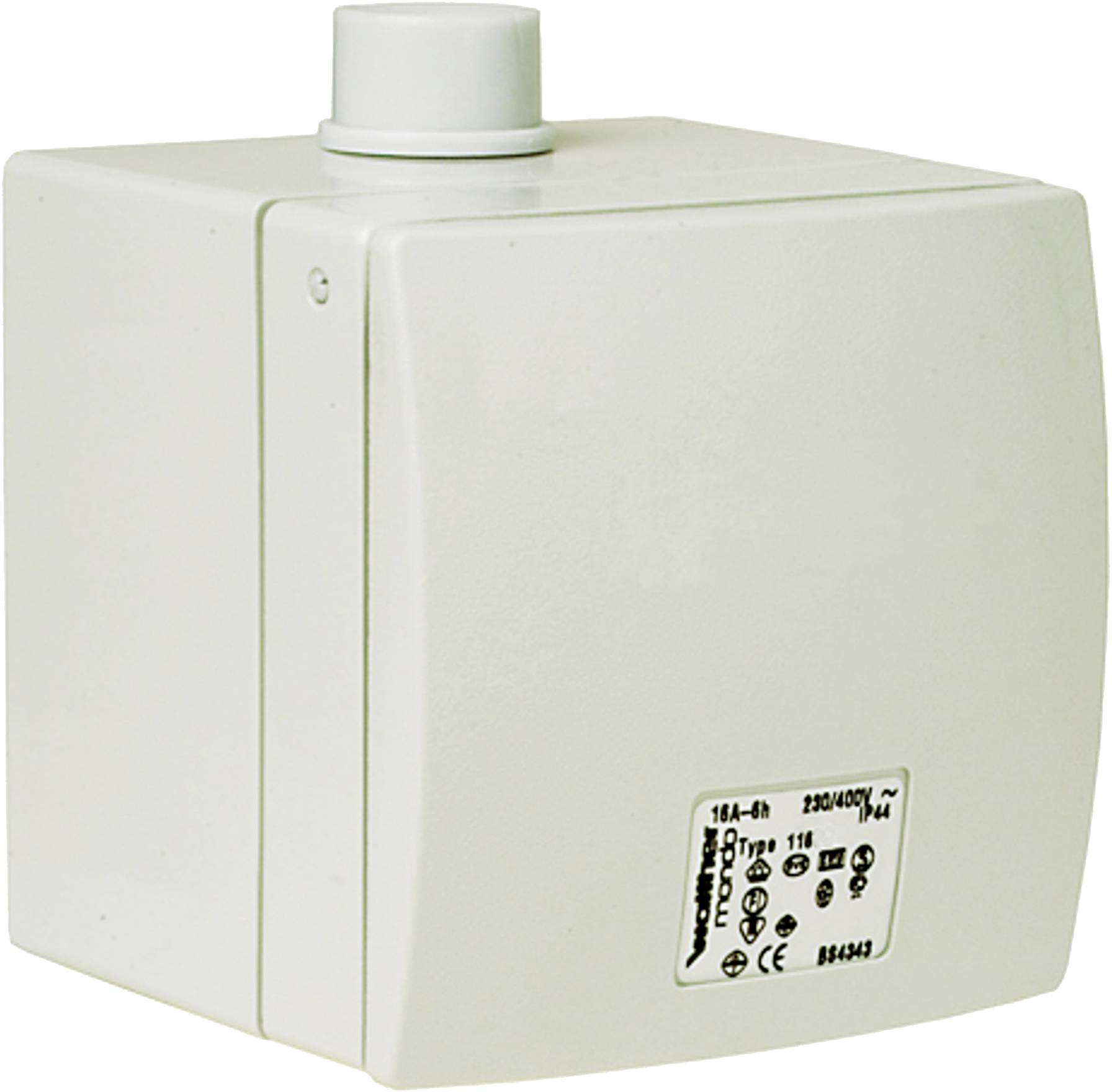 A rectangular, white plastic switch with a button on top. A label with technical details and symbols is located on the front.