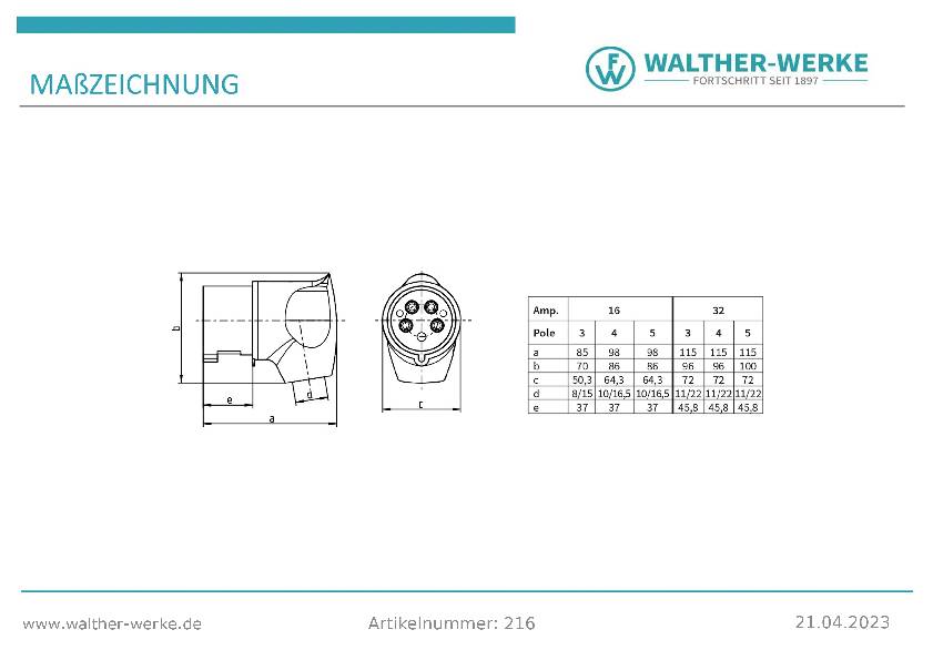 'Dimensional drawing of an electrical plug connection with a table of current ratings, poles and dimensions. Manufacturer: Walther-Werke.'