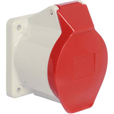 Red, square socket with a hinged cover mounted on a white bracket.