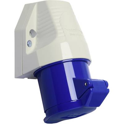 A blue and white electrical plug with protective cover, photographed from the side. Used for industrial applications.