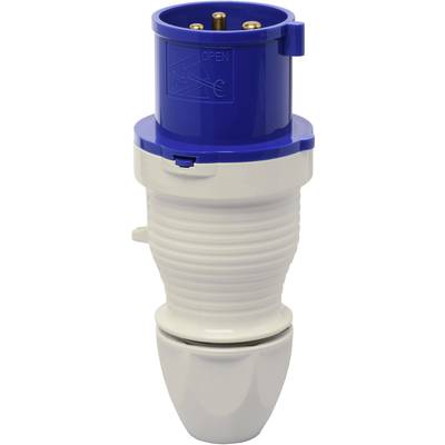 A blue and white industrial plug with a locking mechanism, suitable for use in high-performance applications.