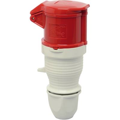 Red and white industrial plug for high-current connections with sealable cover and terminal for secure connection.