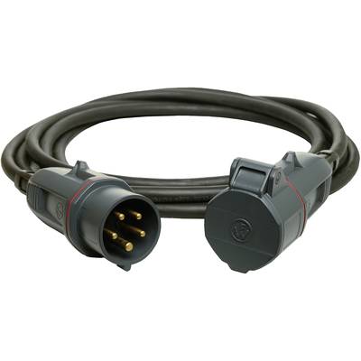 A black power cable with a plug and socket, suitable for industrial applications, both ends facing forward.