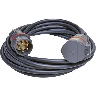 A long, black extension cable with a three-pin plug and a matching socket, suitable for industrial applications.