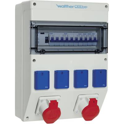 An electrical distribution board with multiple blue socket outlets and two red three-phase socket outlets on a white casing.