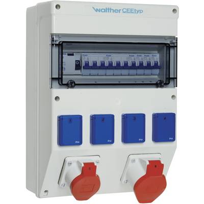 The image depicts an electrical fuse box with several blue and red sockets, marked with the inscription 'Walther CEEtyp'.