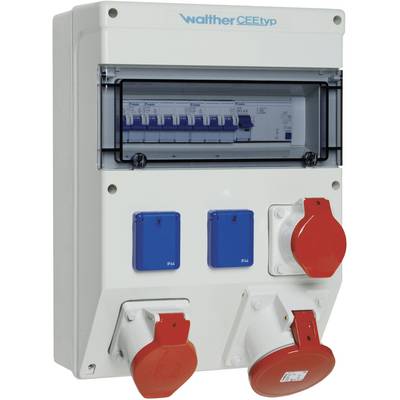 'Wall-mounted distribution box with blue and red sockets. Contains switches and fuses. Labelled: Walther CEE Type.'