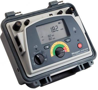 Digital earth resistance meter in open casing. Displays reading '1.82 mΩ'. Contains buttons, scales, and connections.