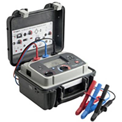 Portable, open electrical testing device with cables and clamps, used for measuring electrical parameters.