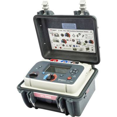 Insulation resistance testing device in an open case. The display shows measurement data. Various buttons and connections are visible.