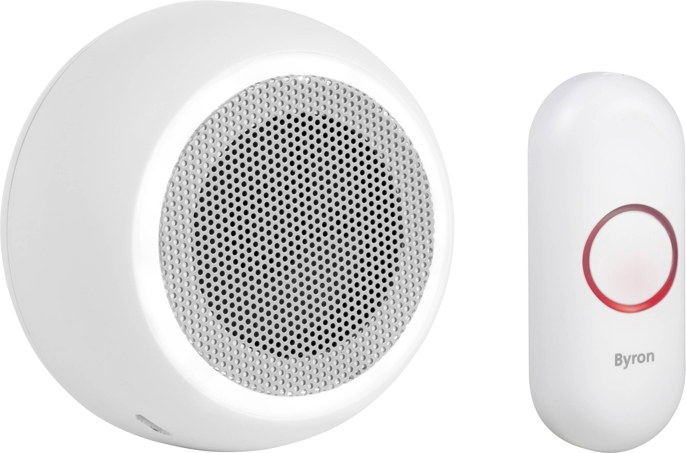 White wireless doorbell receiver with speaker and red bell button, ideal for cordless use in residential homes.