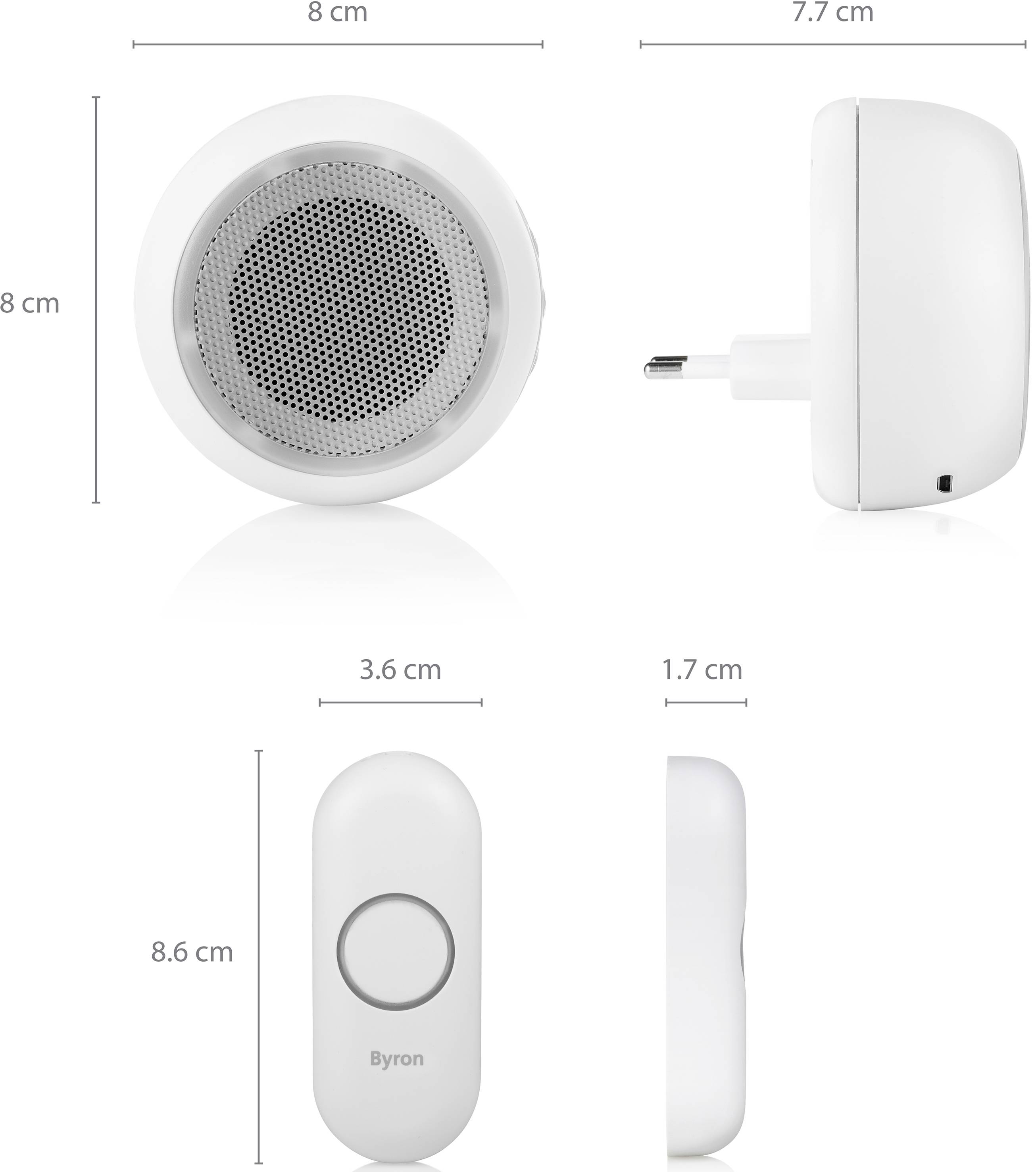 Portable, round, white speaker with side socket and oval doorbell button, both with dimensional specifications. Brand name below.