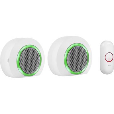 Two white wireless doorbells with green illuminated rings, next to a round doorbell button with a red ring, marked with 'Byron'.
