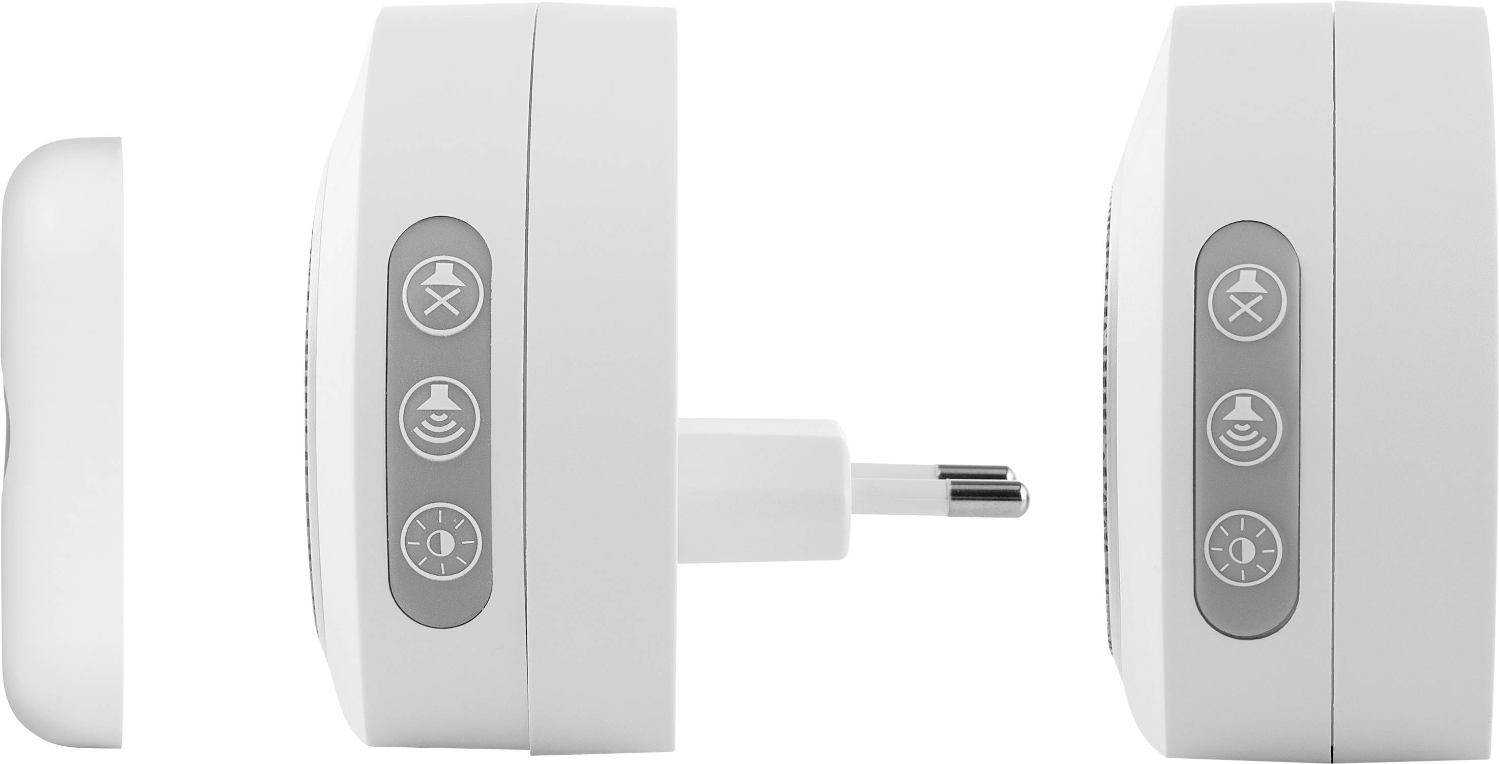 Three side views of a white night light with plug socket connection and buttons for brightness and functions such as sound and timer.