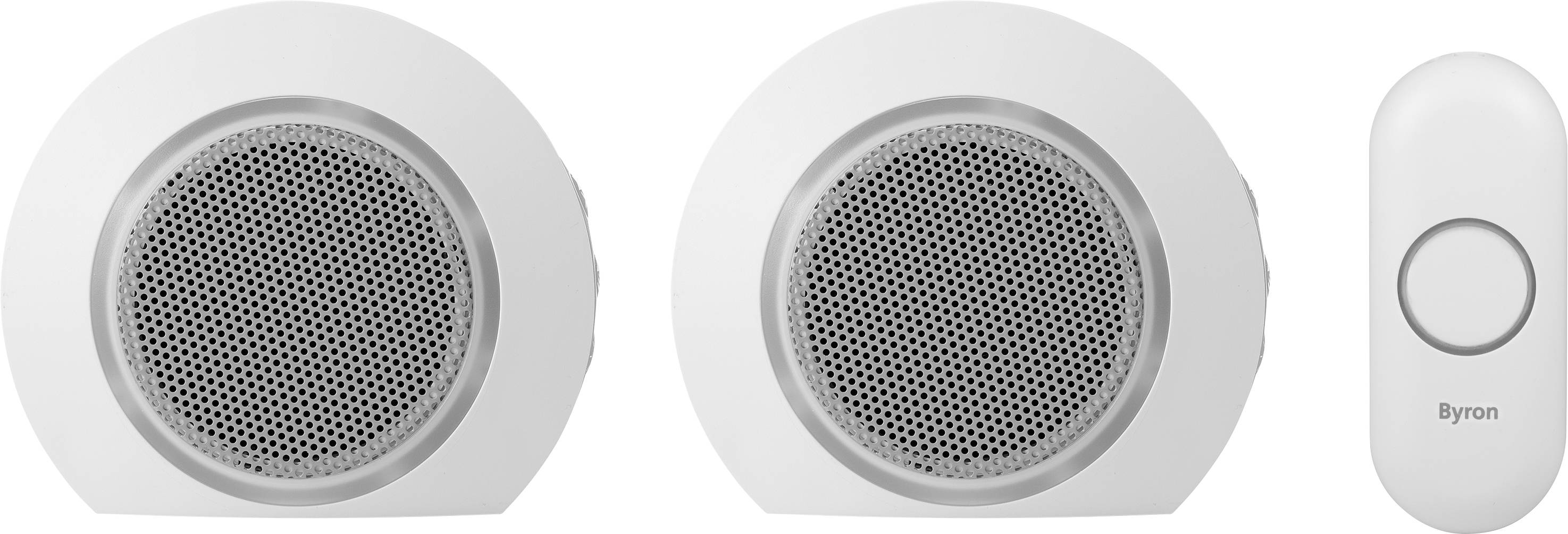 Two white speakers and a doorbell by Byron.