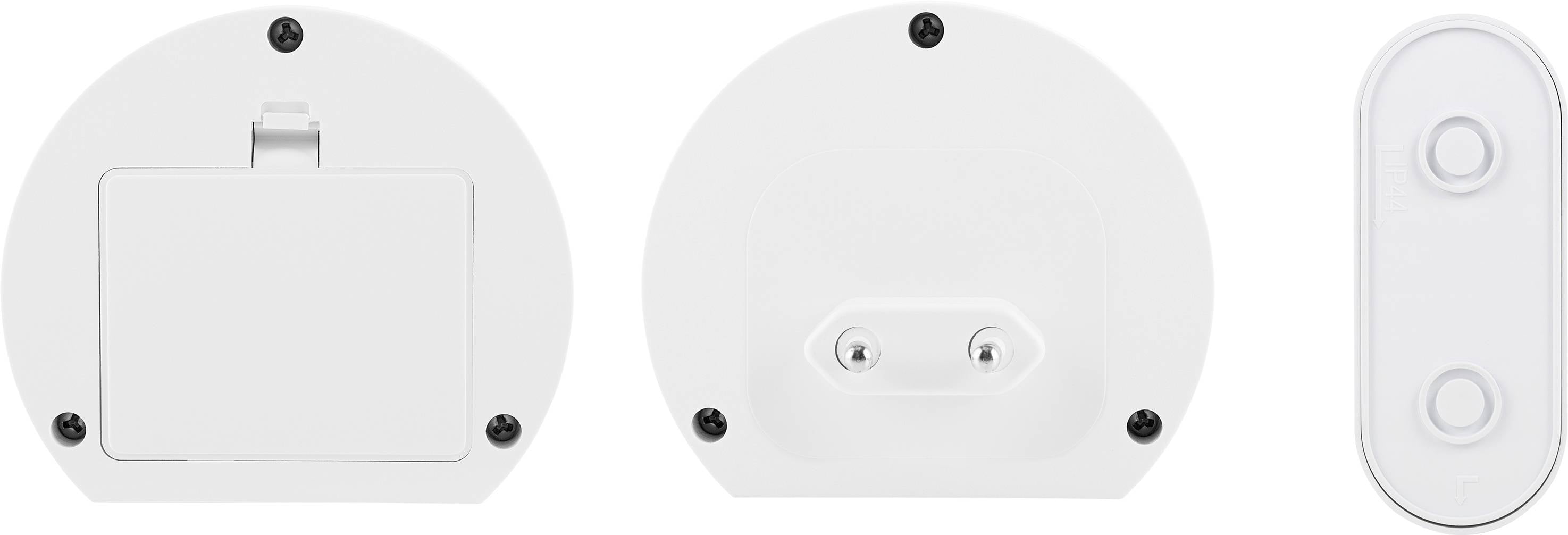 Three white, round plastic devices with black screws and buttons, shown from various angles, presumably electronic devices.