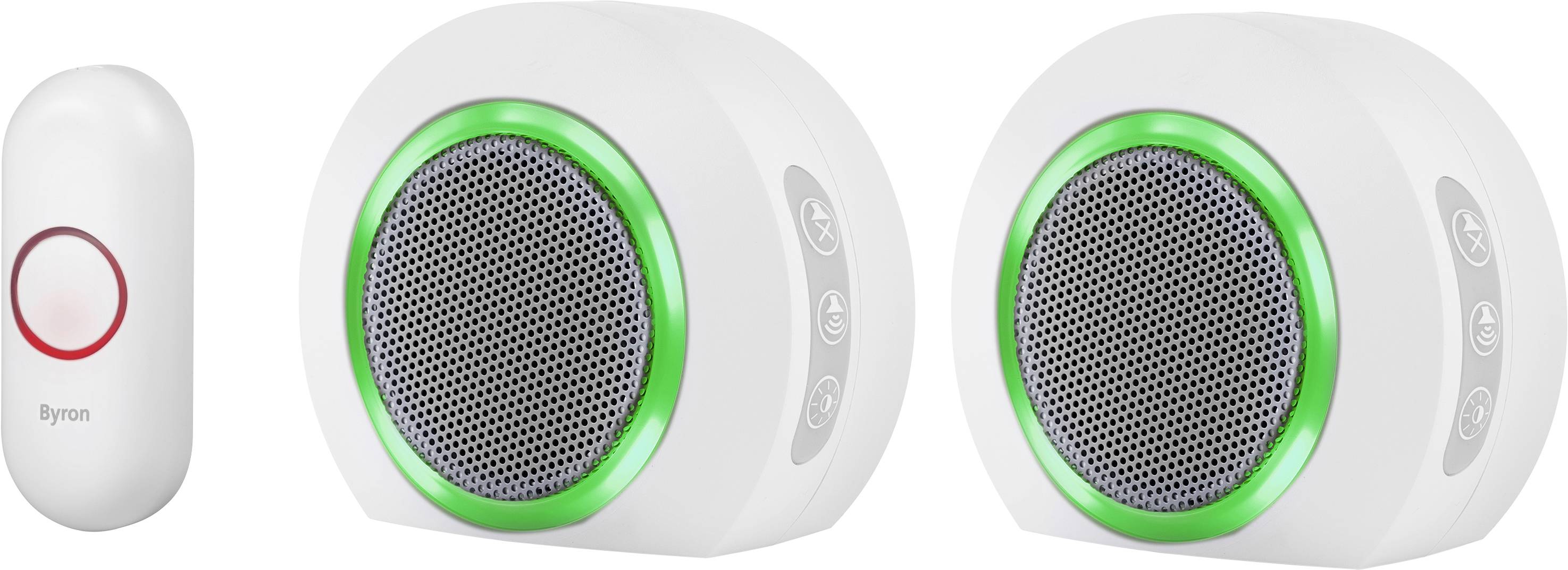 A wireless doorbell set with a white bell on the left side and two round receivers with green illuminated rings on the right.