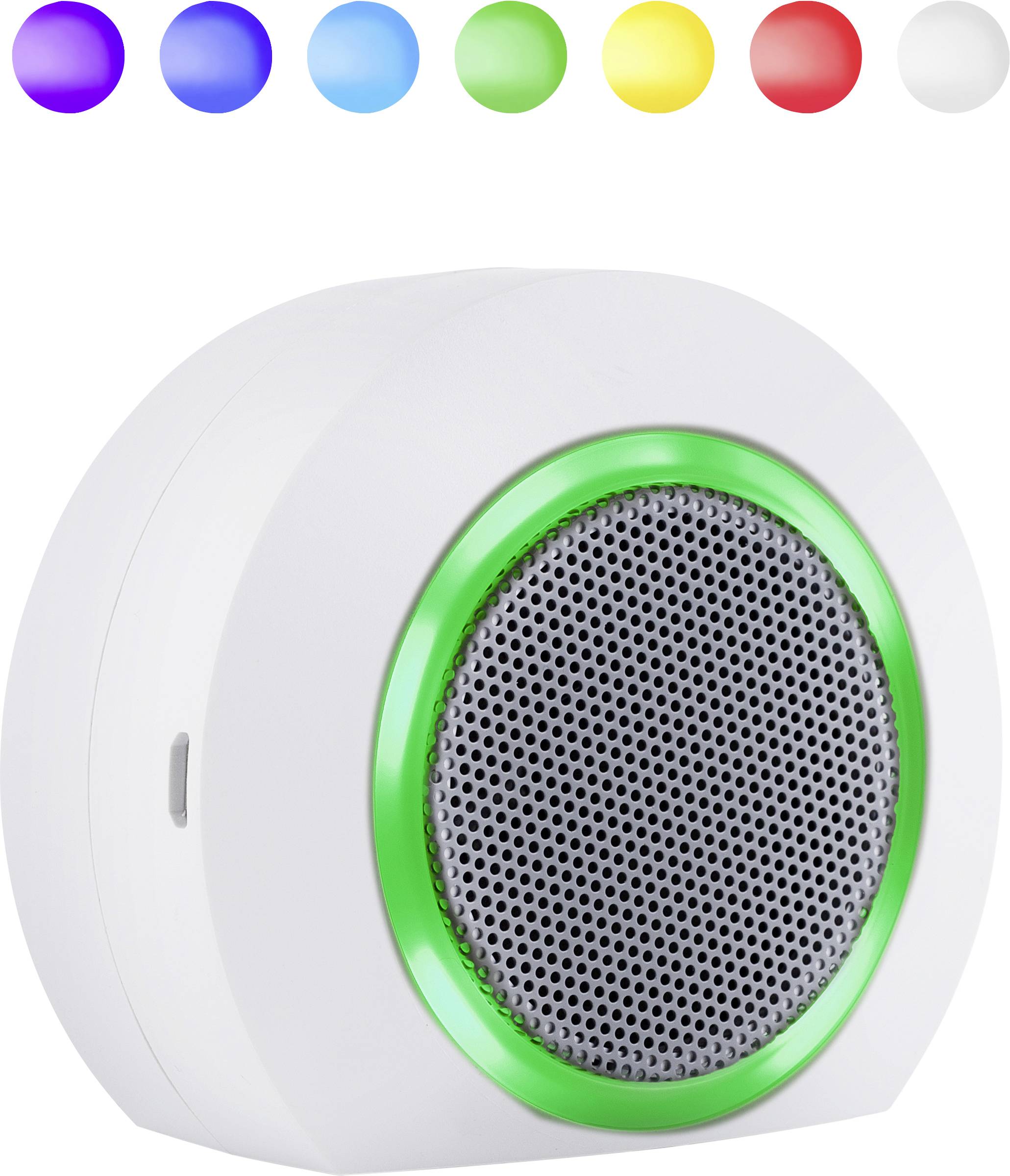 A white, round speaker with green light at the front. On top are six colour circles: blue, light blue, purple, yellow, red, light green.