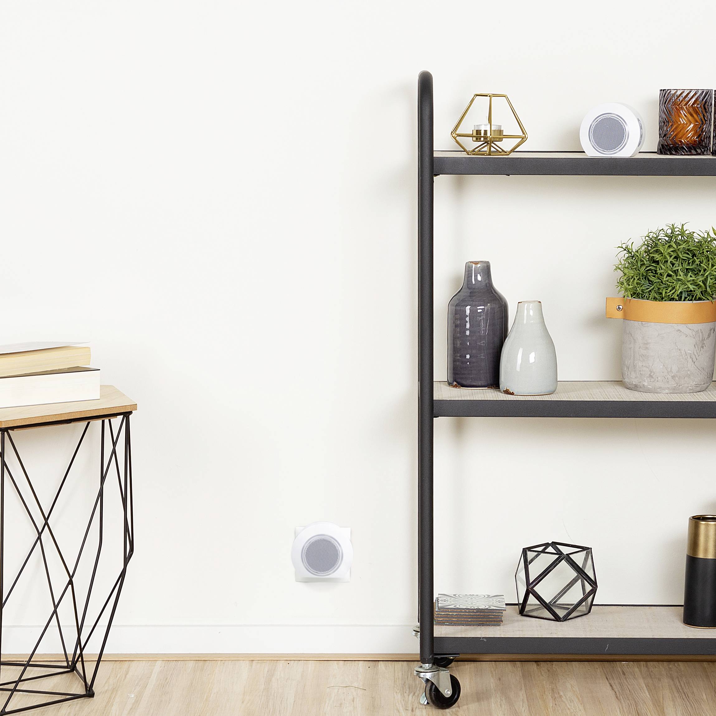 The image depicts a modern shelving unit with decorative objects and a plant. Beside it stands a small table with books.