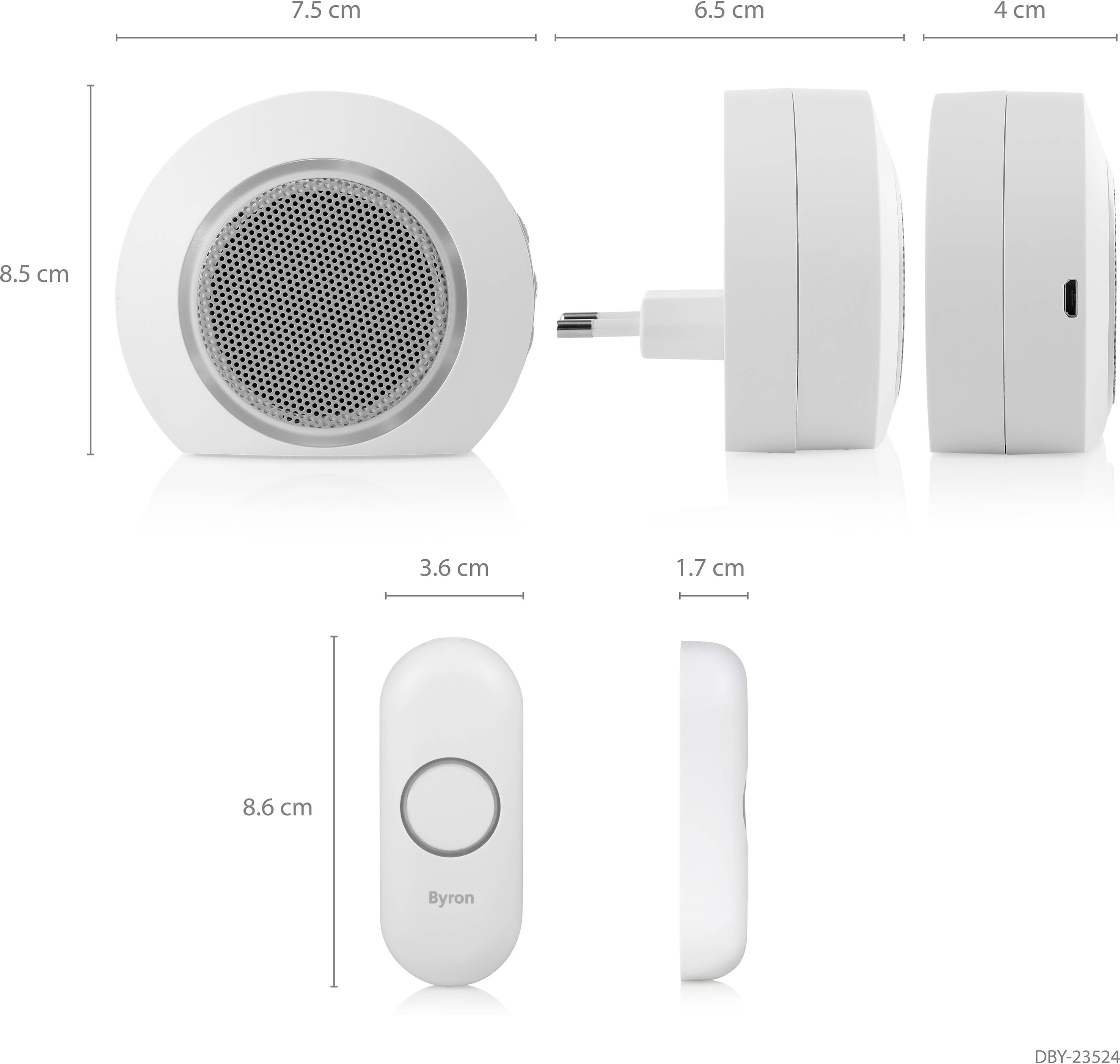 'Wireless Doorbell with Plug-in Receiver, Side and Front Views. Dimensions: Receiver 7.5x8.5 cm, Transmitter 3.6x8.6 cm.'