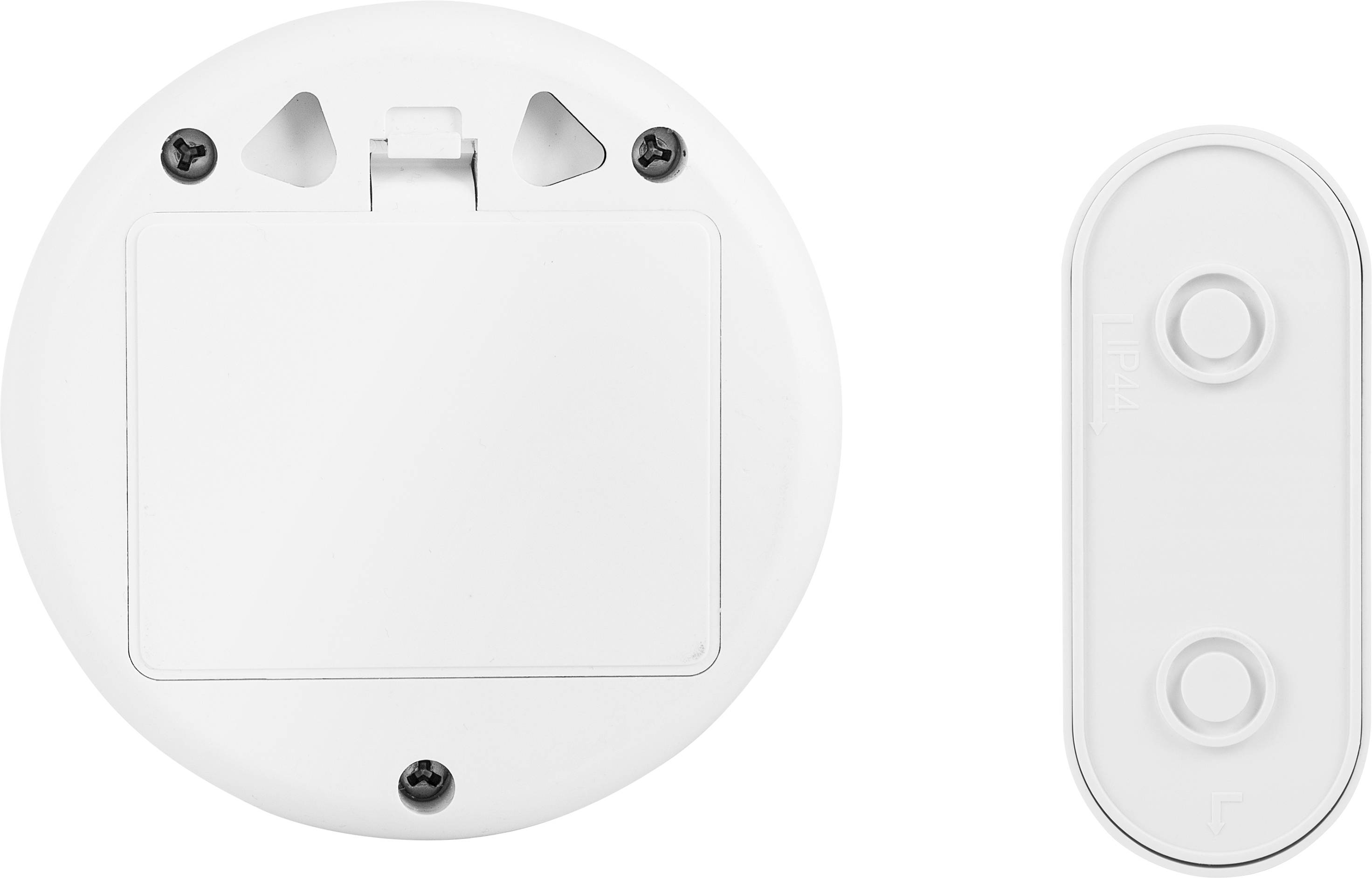 'Two white round objects with screws; one shows openings, the other has buttons. Purpose unknown.'