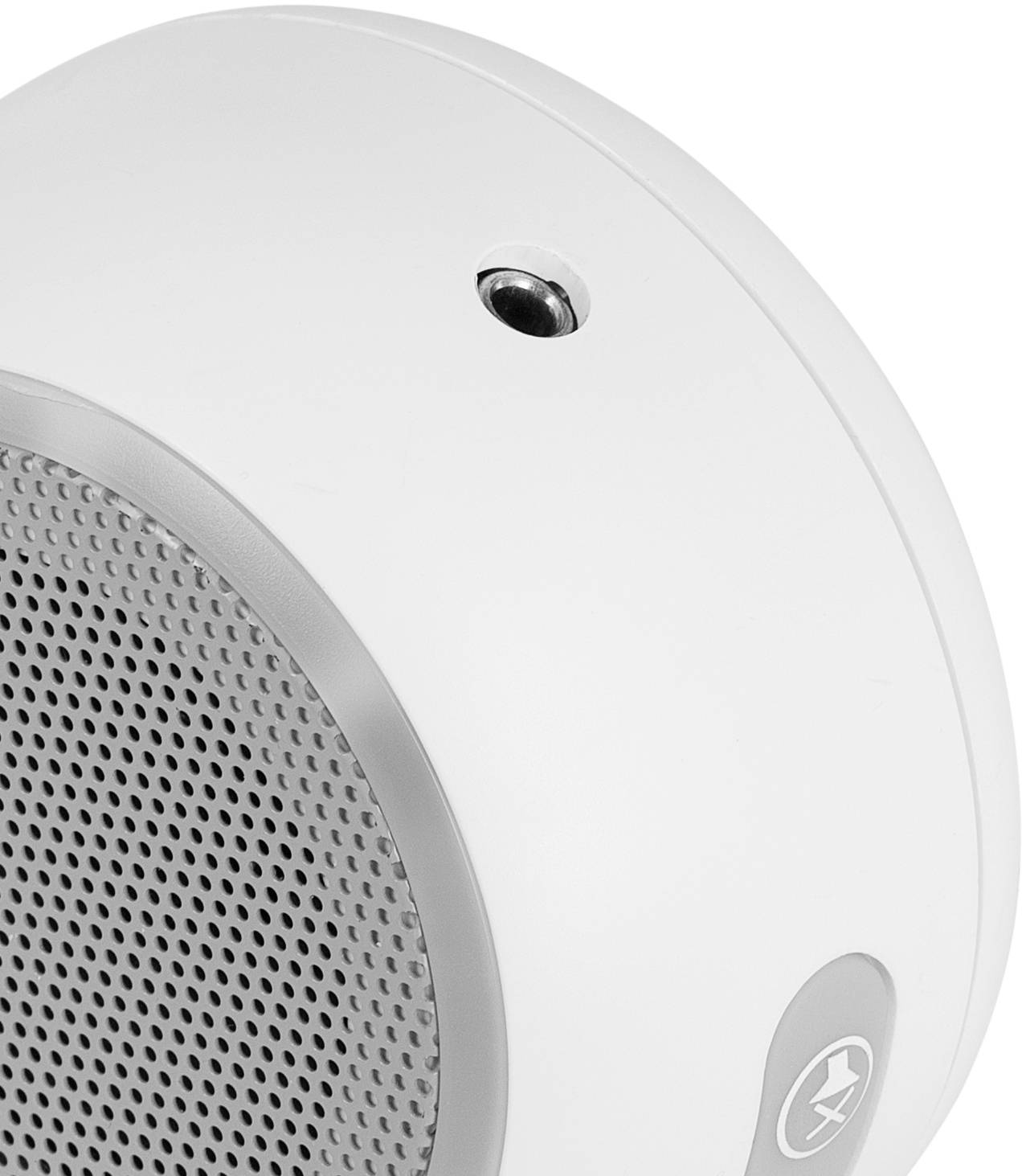 White, round Bluetooth speaker with grey speaker grille and volume control buttons.