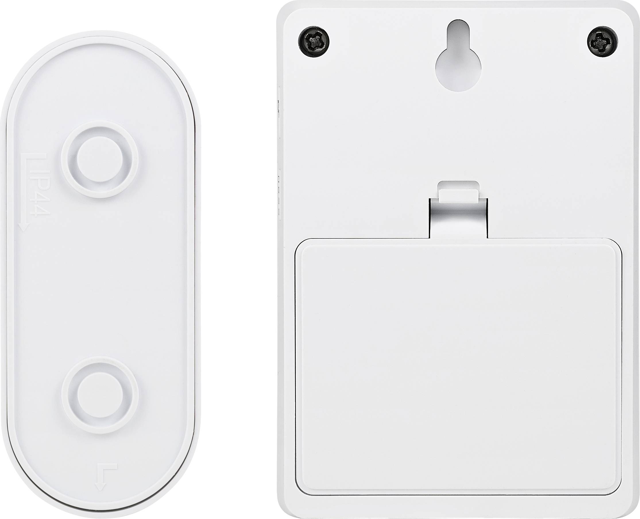Back of a white electronic device and a separate white wall mount, both with mounting holes.