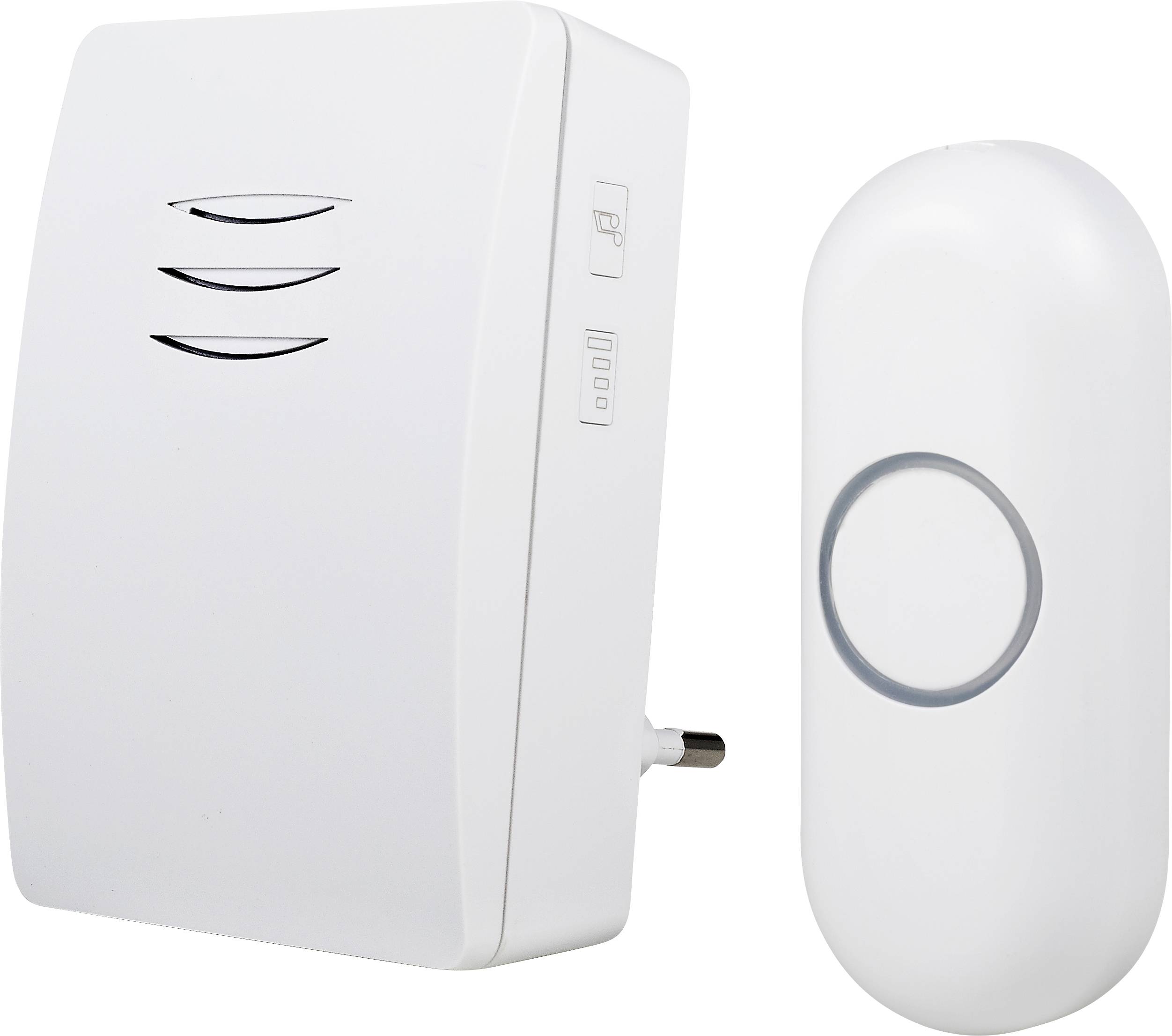 Two white wireless doorbell units, a receiver with three ventilation slots and a sender with a large button.