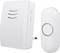 Two white wireless doorbell units, a receiver with three ventilation slots and a sender with a large button.