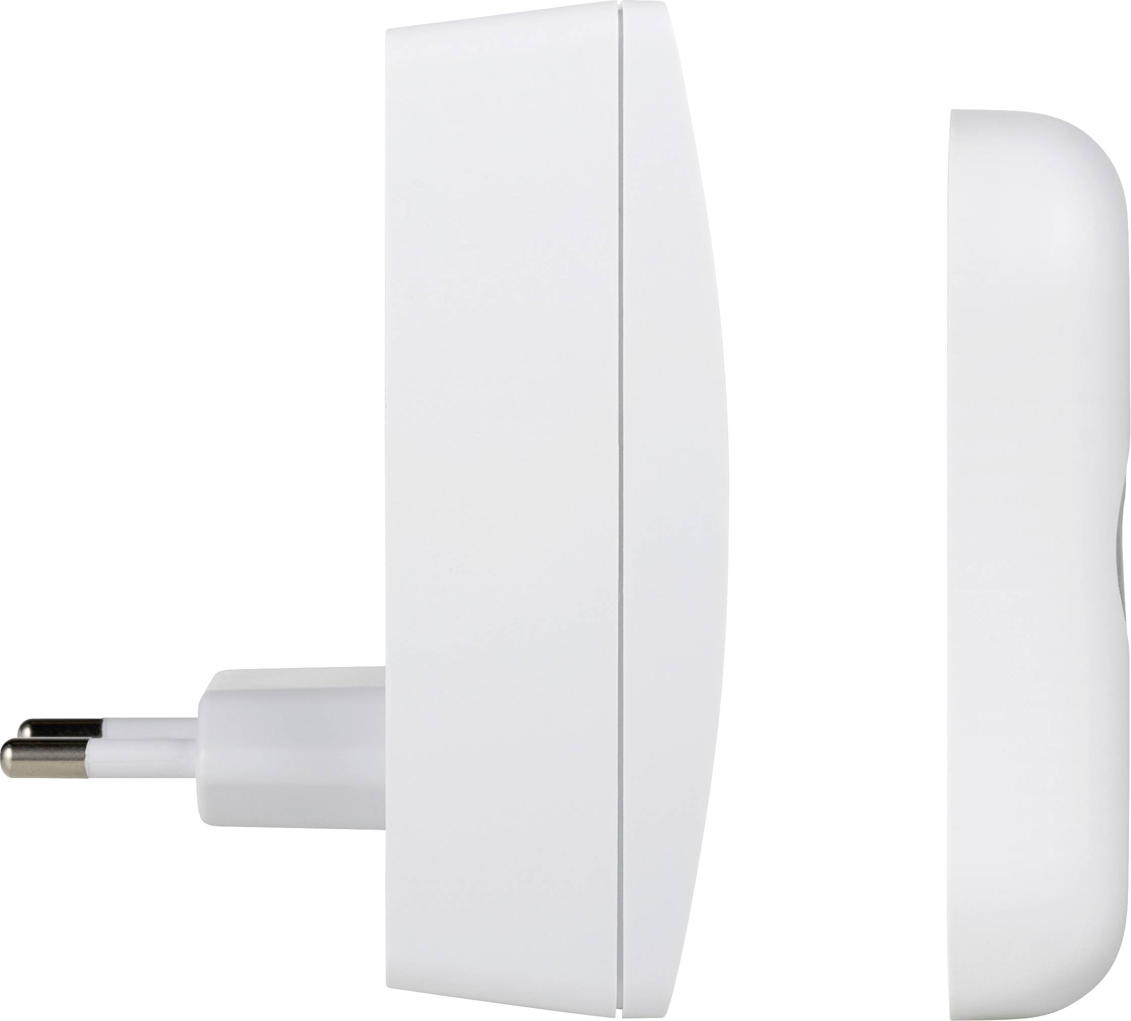 Socket and plug in profile view, showing a European design with two round pins, lying side by side.