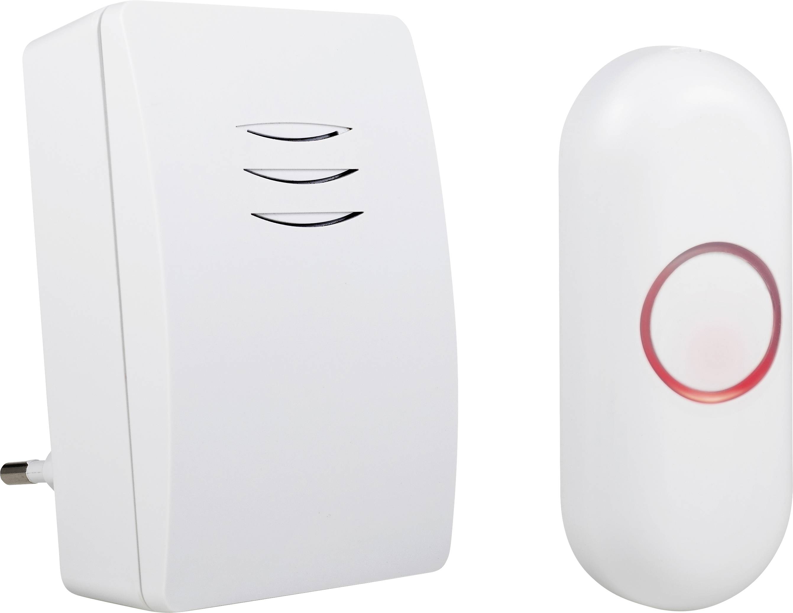 Wireless Doorbell Set comprising a receiver with plug socket connection and a bell push with red illuminated ring.