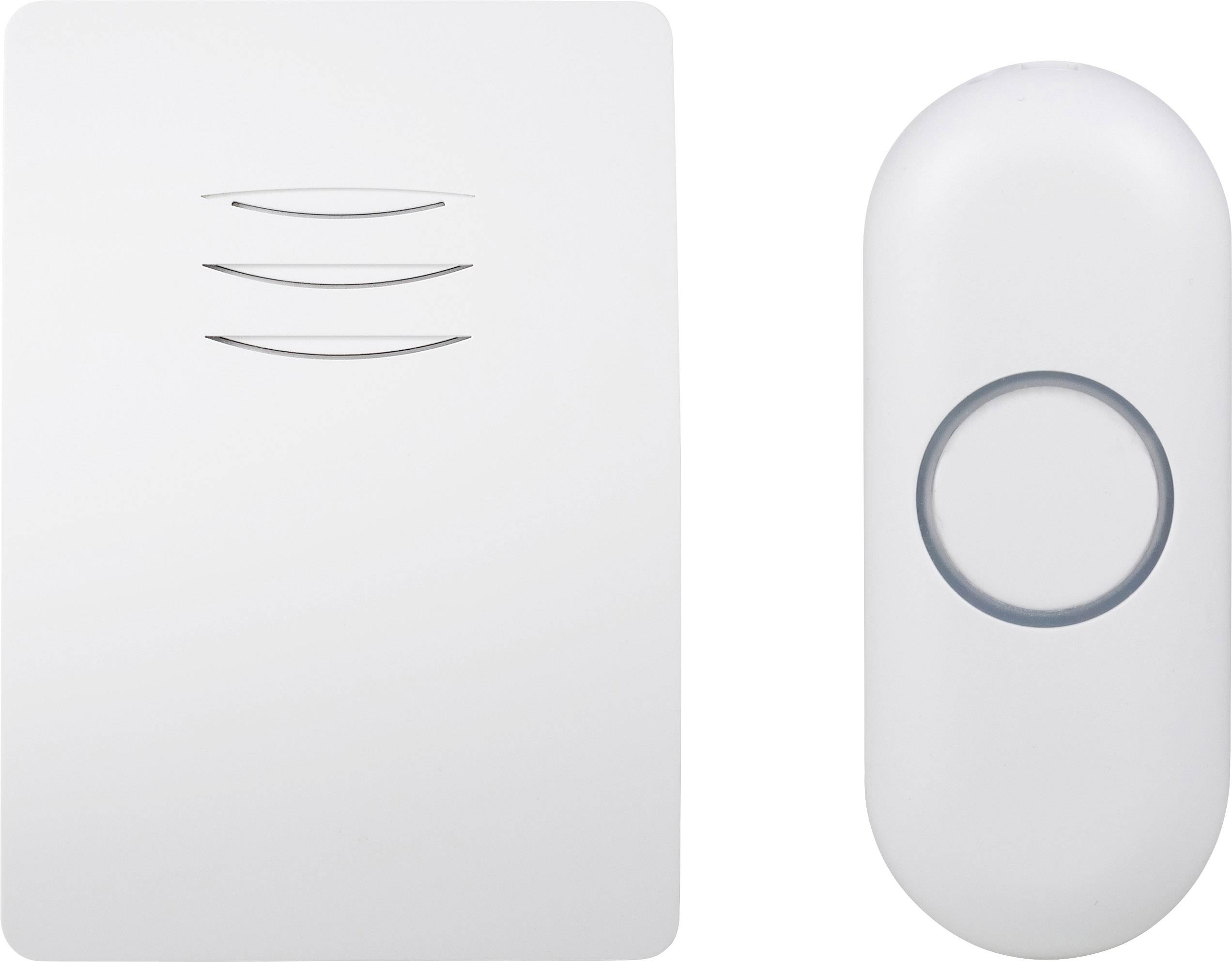 A white wireless doorbell receiver with three ventilation slots next to a white wireless doorbell push button with a round button.
