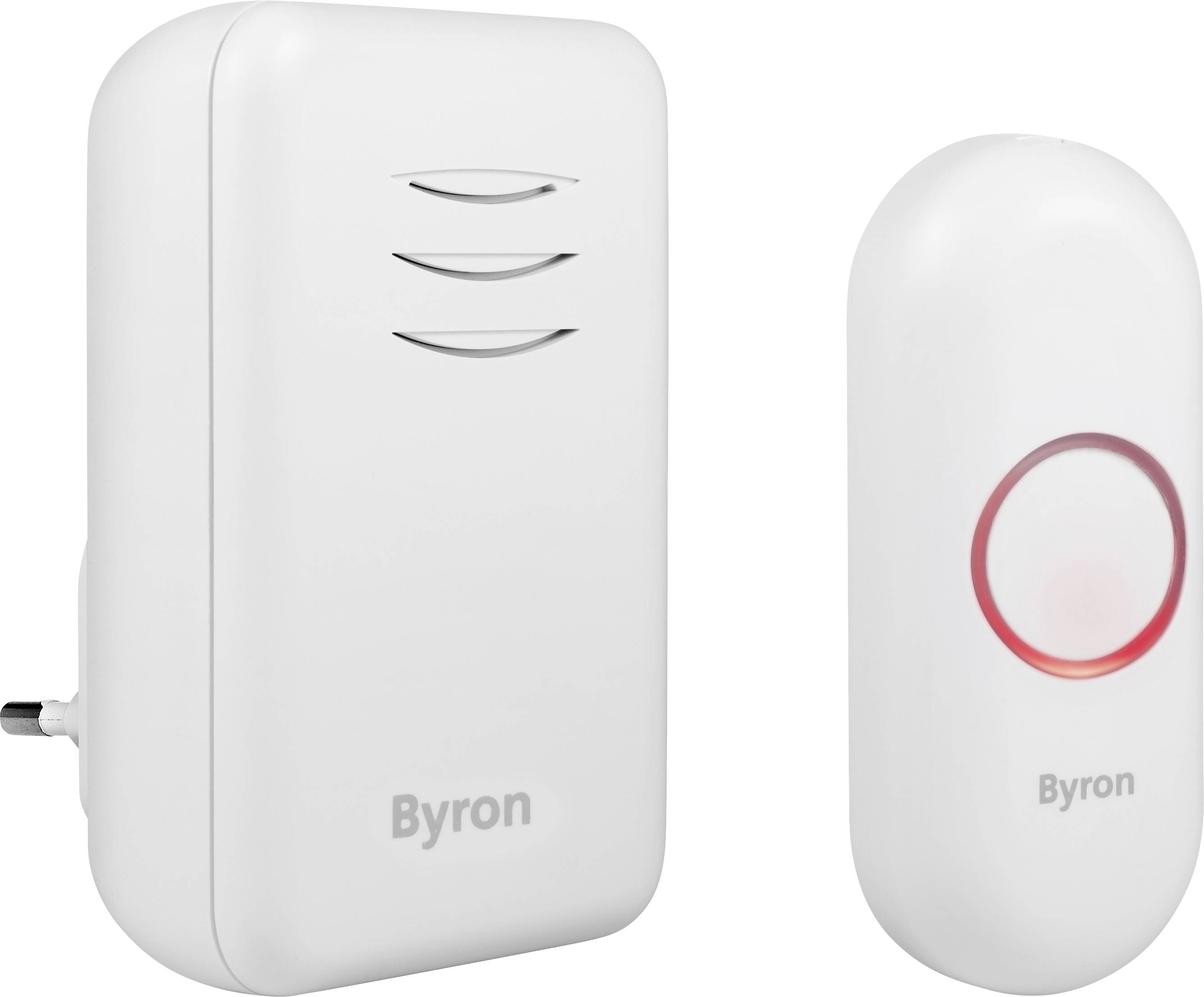 Wireless doorbell set with a white receiver plug-in device on the left and a white doorbell button with red illumination on the right.