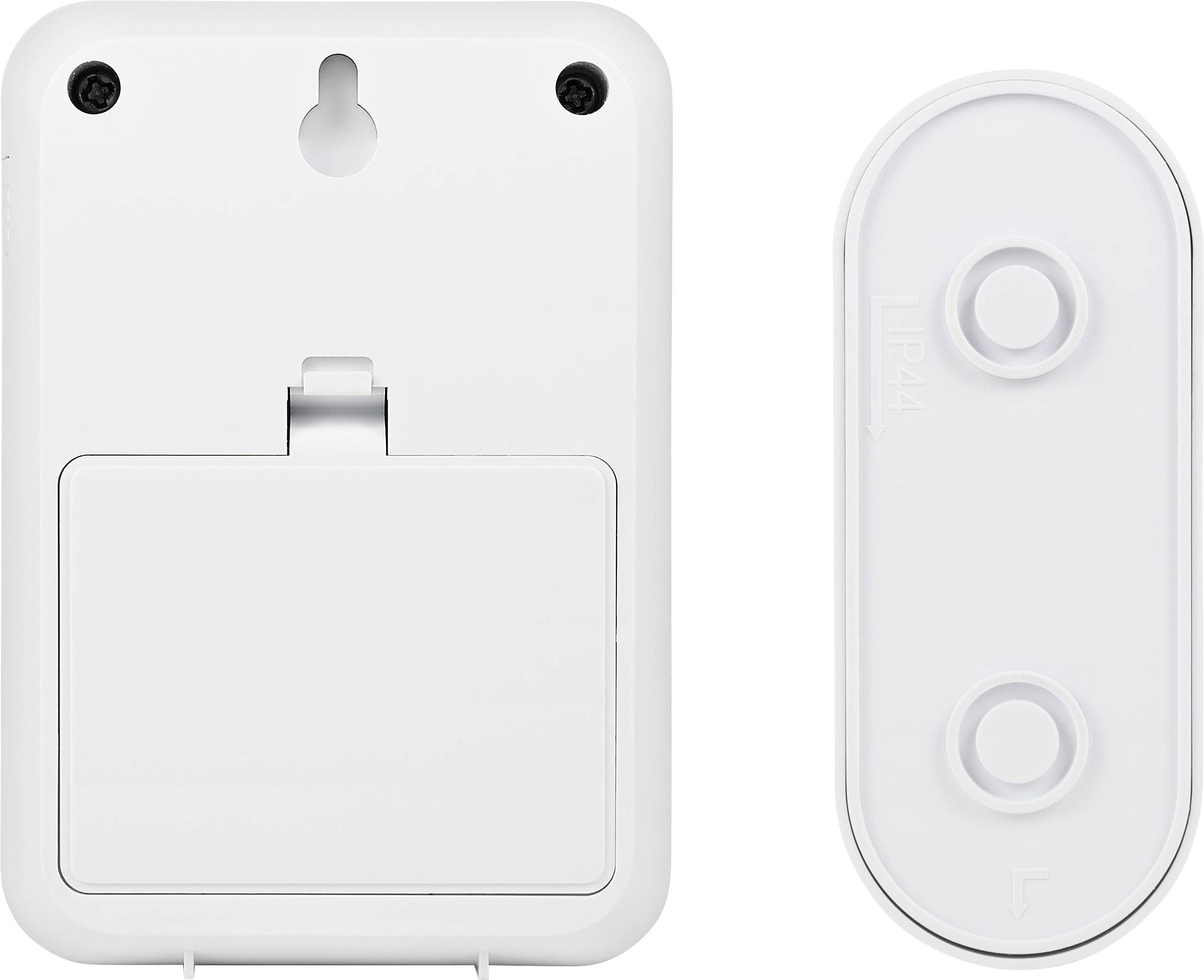 Back of a white electronic device with battery compartment and separate cover. Suitable for wall mounting.