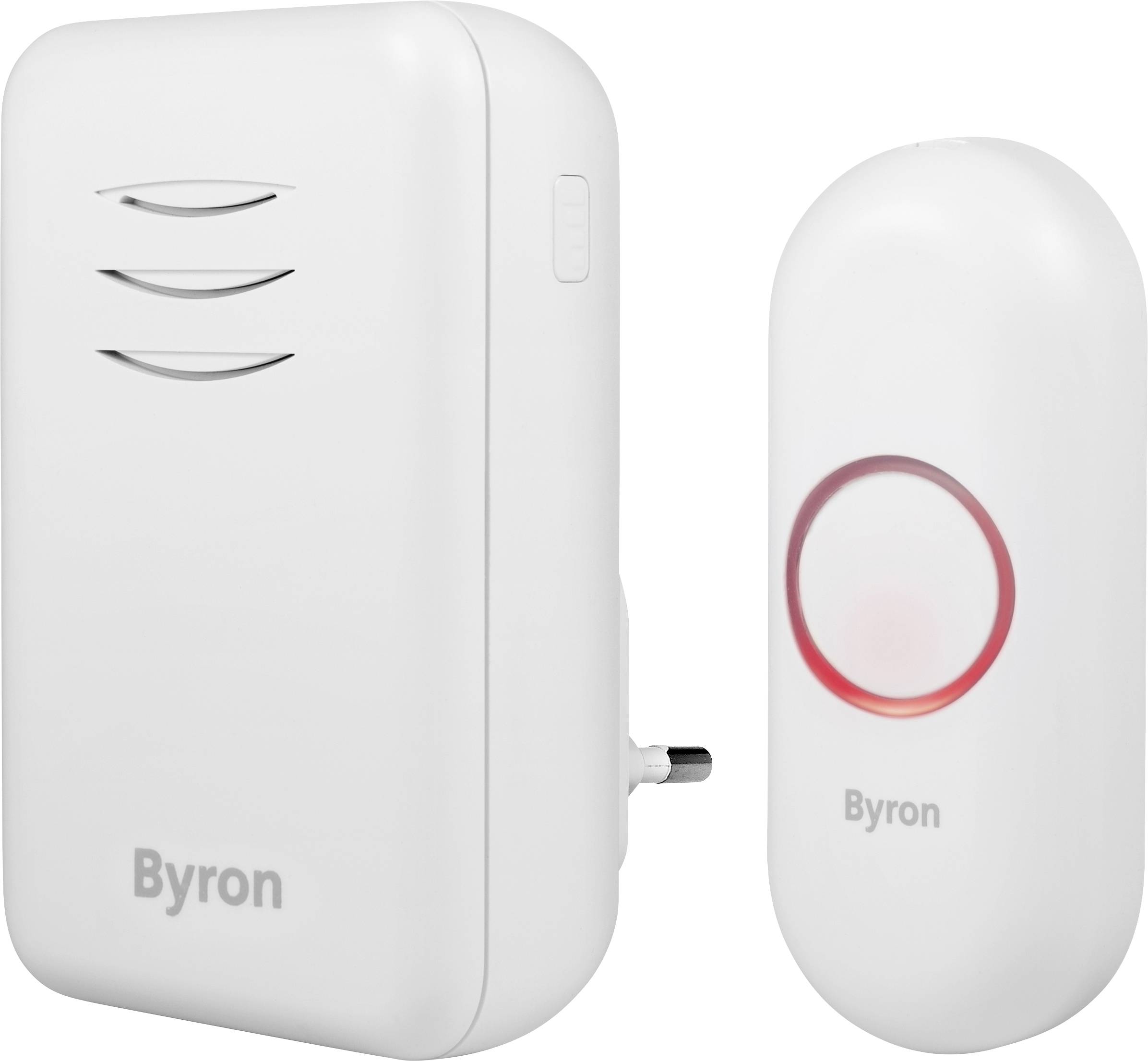 Wireless doorbell set comprising a receiver and a transmitter. The receiver is large and rectangular, while the transmitter is small and oval with an illuminated button.
