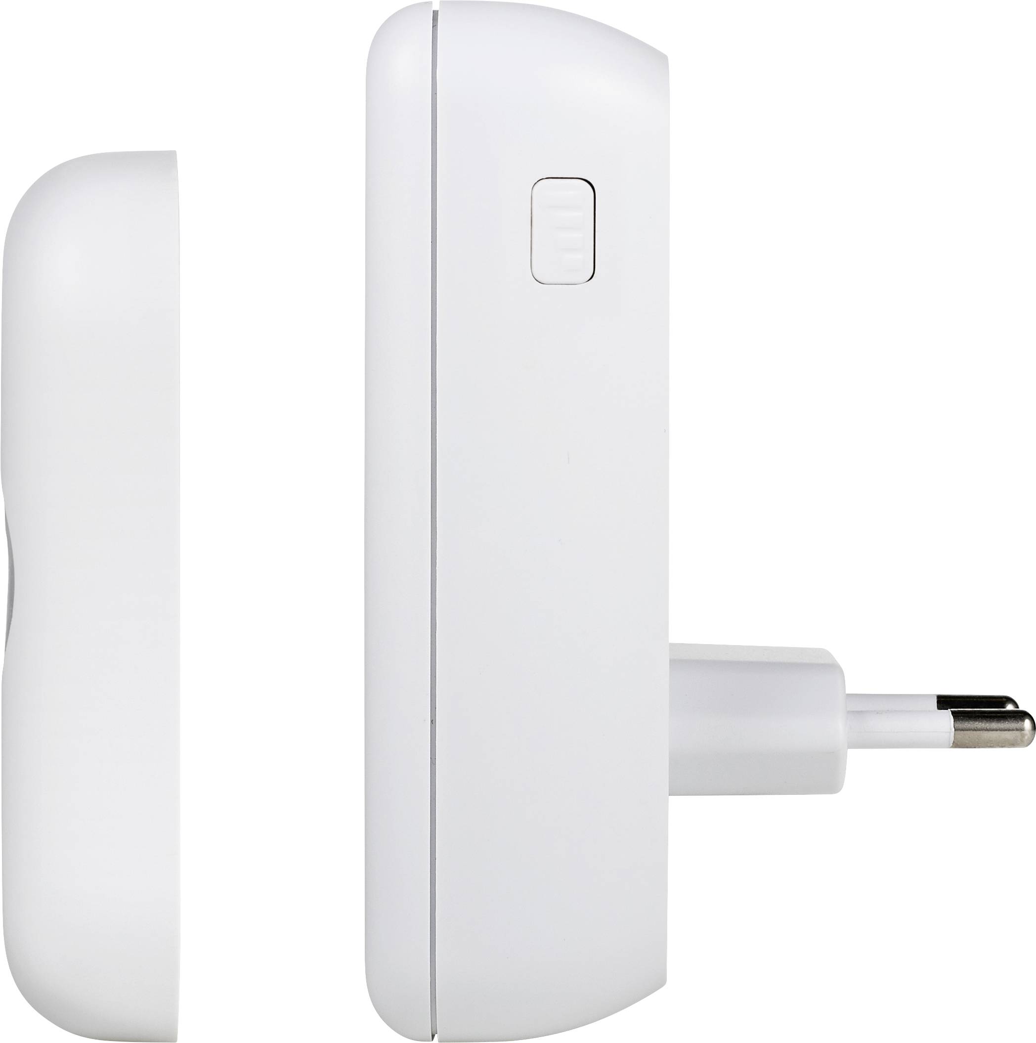 Side view of a white, rectangular socket device with a side switch. A device is visible on the left, with a plug visible on the right.
