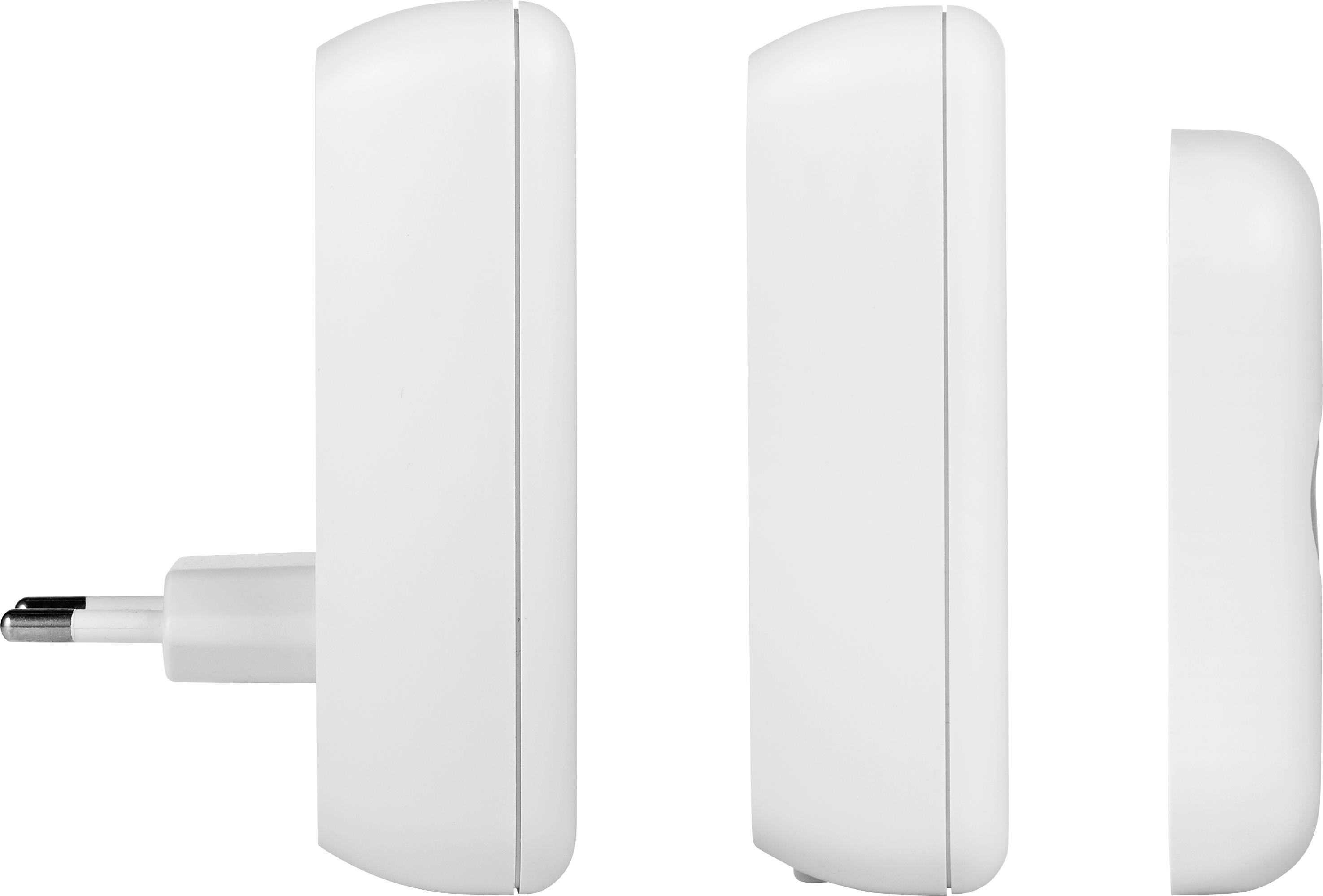 'Three white plug adapters in side view, showing the differences in width and design.'