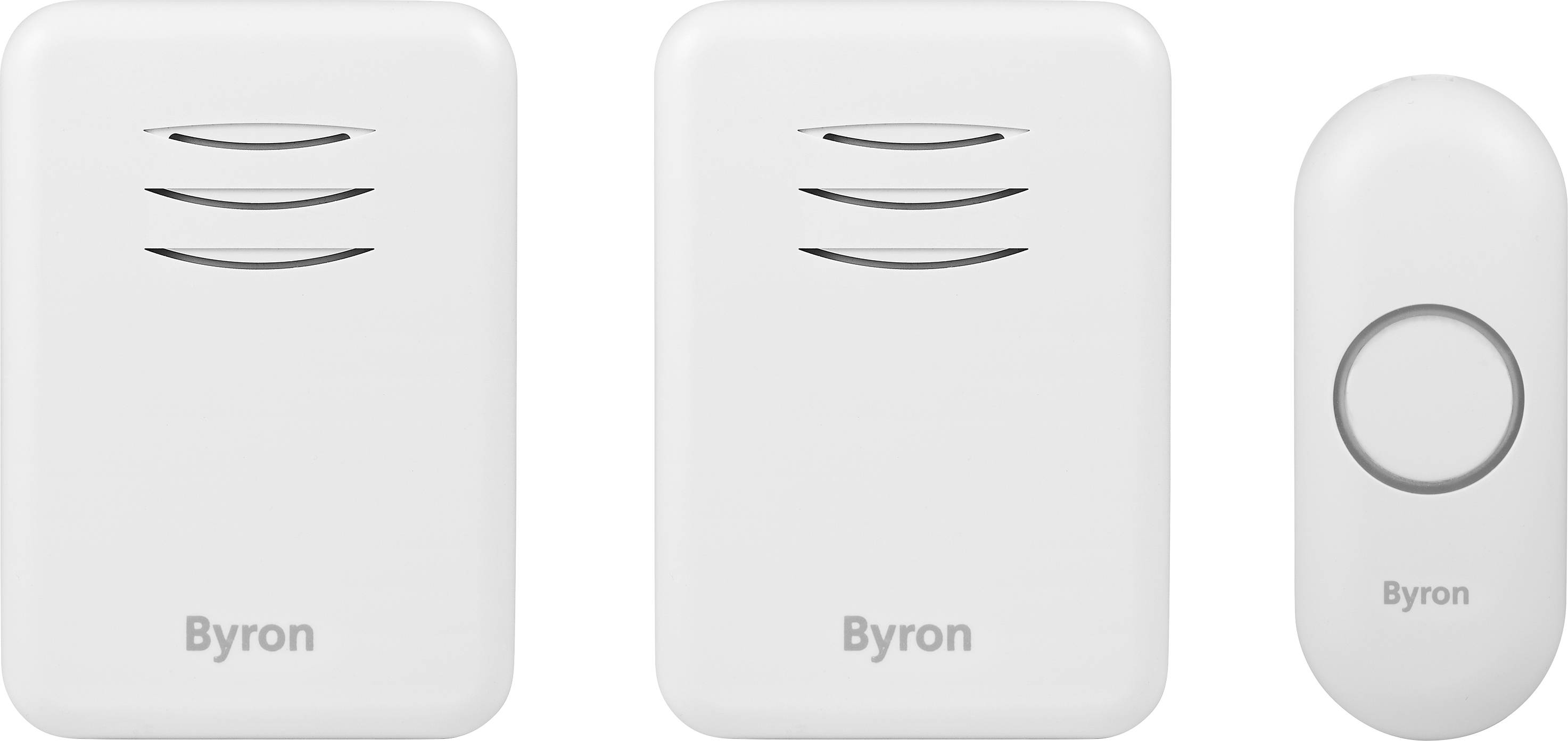 Two white wireless doorbell receivers and a doorbell button labelled 'Byron'.