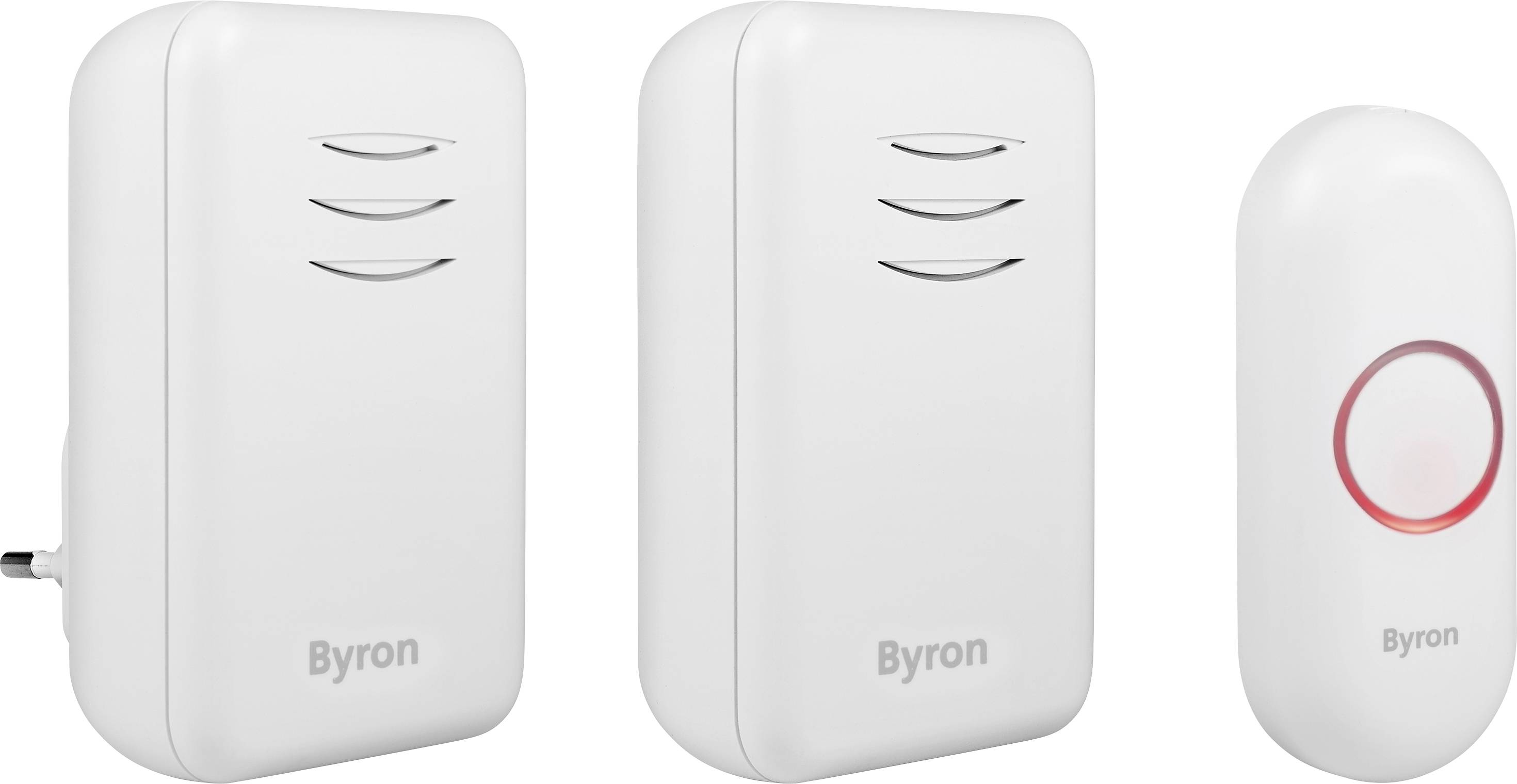 Two white portable doorbell receivers and a white doorbell button with a red light, all bearing the brand name 'Byron'.