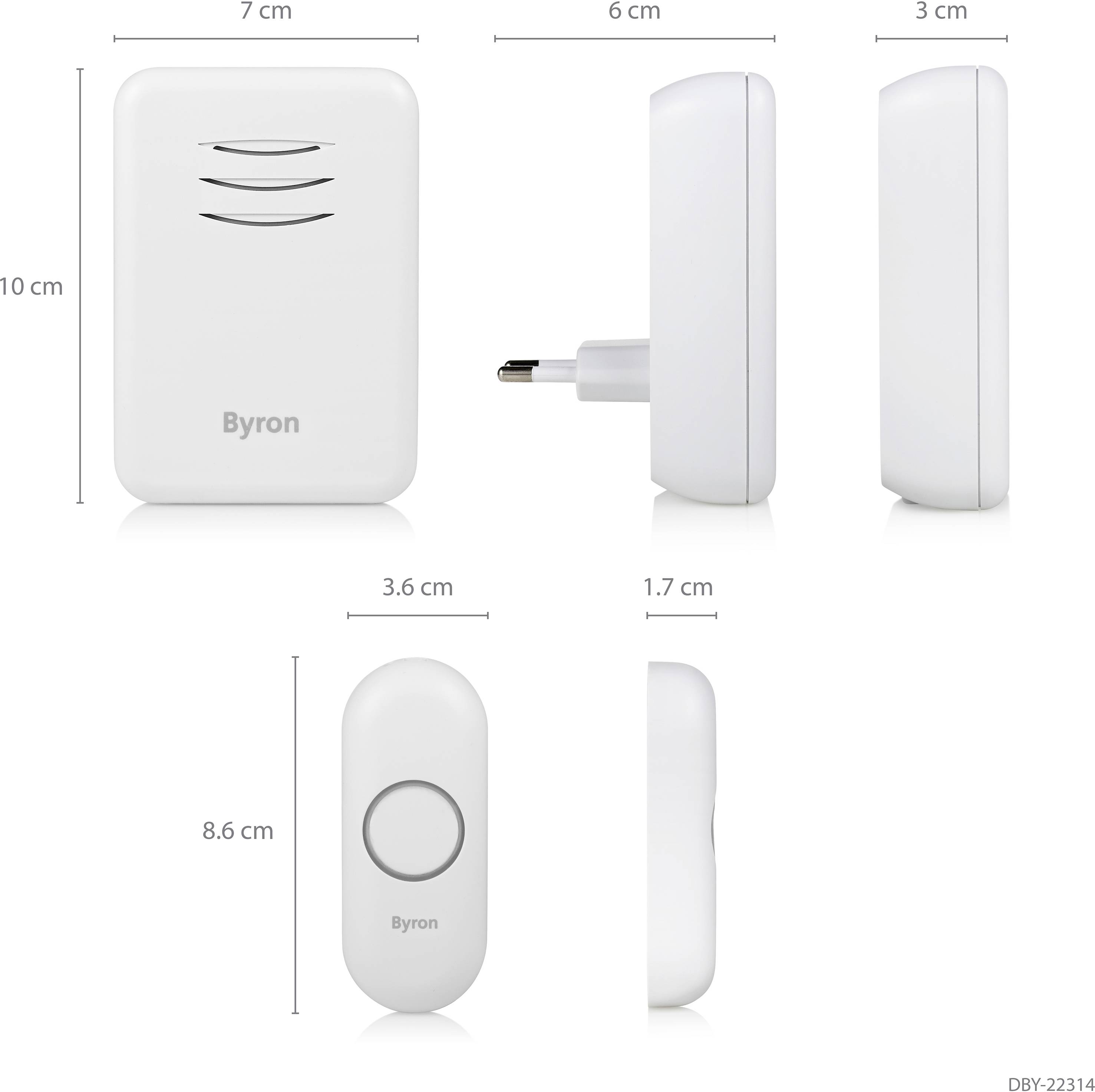 Byron Doorbell Set comprising a white receiver (7 x 10 cm) and a push button (3.6 x 8.6 cm) with EU plug, dimensions stated.