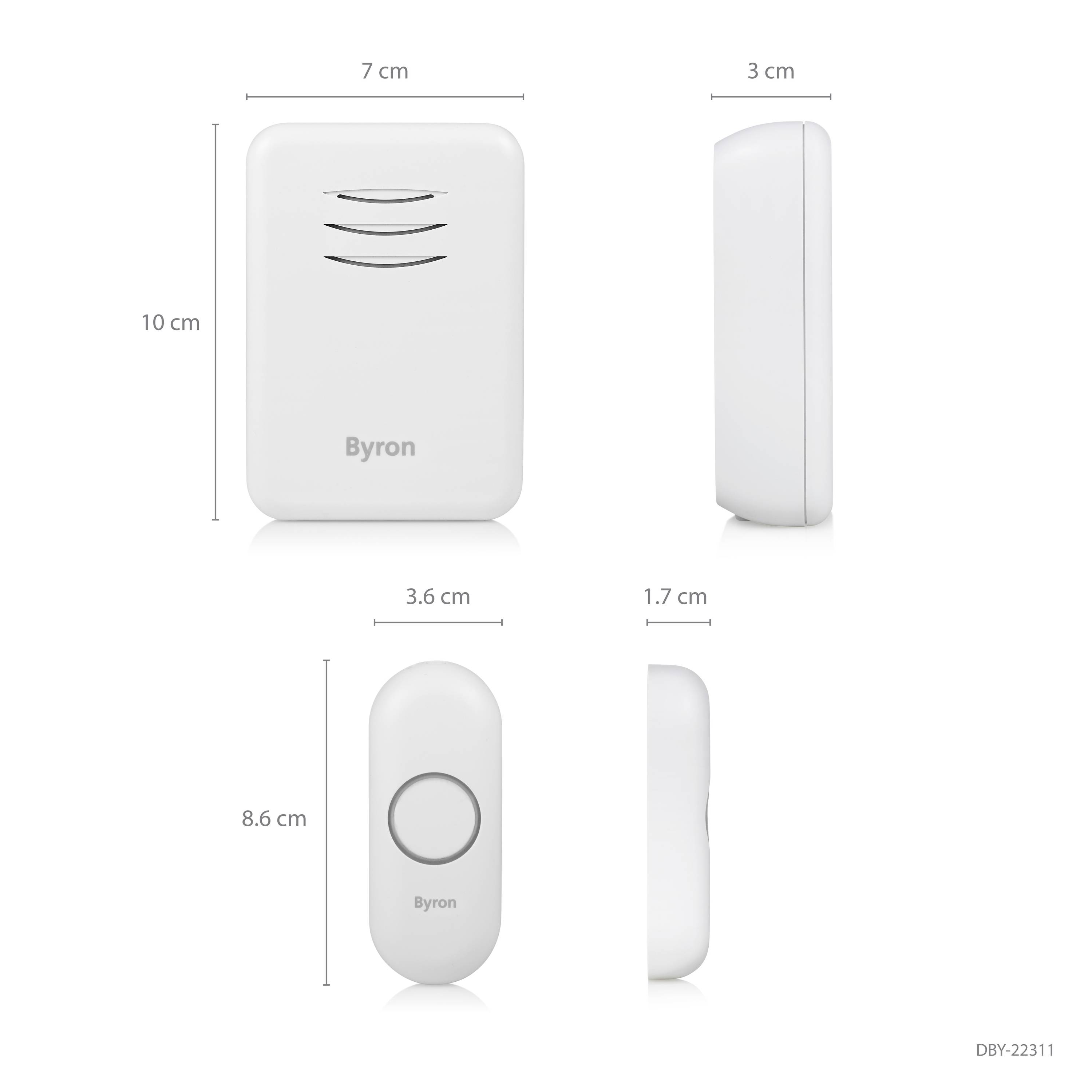 Two views of a wireless doorbell and push button; Dimensions: Chime 10x7x3 cm, Push button 8.6x3.6x1.7 cm. Brand: Byron, Model: DBY-22311.