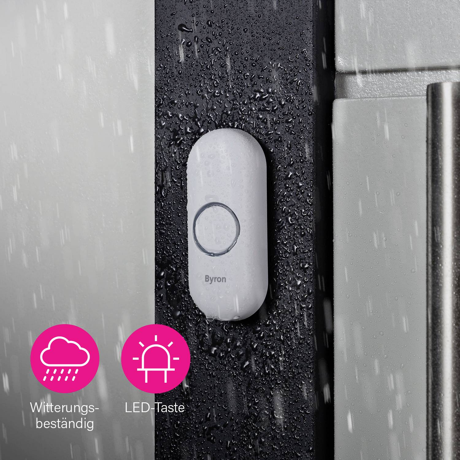 A weatherproof doorbell with an LED button is mounted on a wet wall, used for outdoor application. Left symbols: 'Weather-resistant' and 'LED button'.