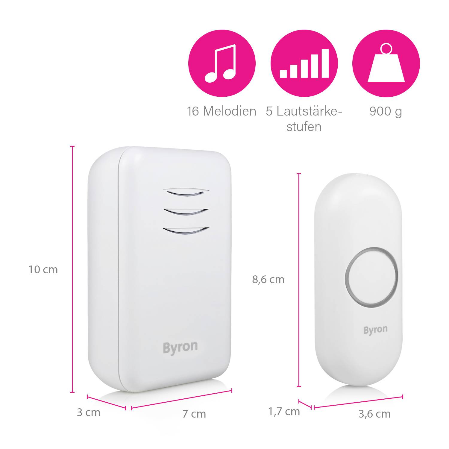 Byron Wireless Doorbell: Two Devices in White. Left Device: Height 10 cm, Width 7 cm, Depth 3 cm. Right Device: Height 8.6 cm, Width 3.6 cm, Depth 1.7 cm. Functions: 16 Melodies, 5 Volume Levels, 900 g.