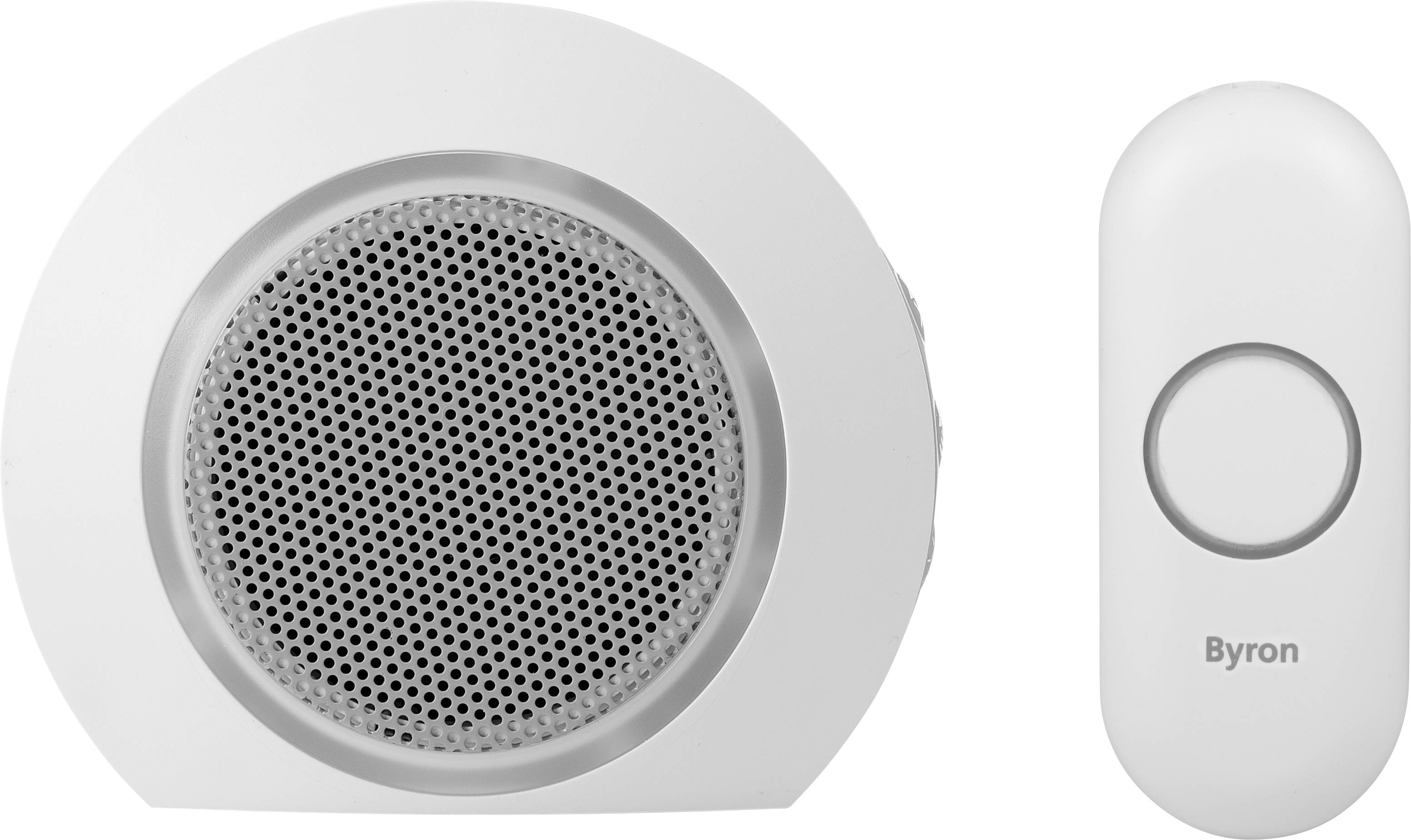 A round, white wireless doorbell with a speaker on the left and a small, oval push button on the right, with 'Byron' written on it.