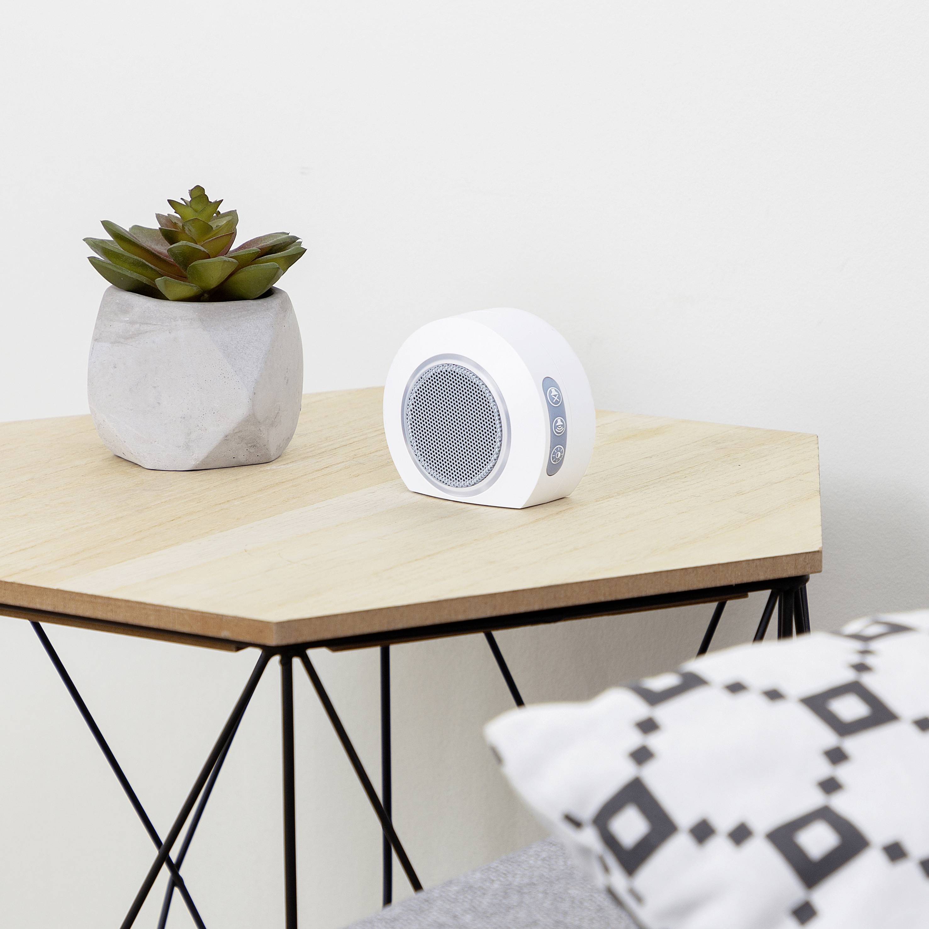 A small white speaker sits beside a geometric plant pot on a wooden table with a decorative pattern.