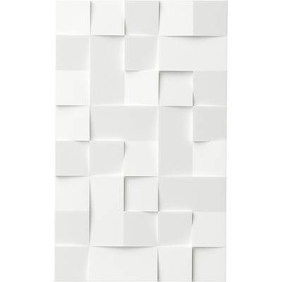 White, three-dimensional geometric structure with variously sized, slightly protruding squares on a white background.