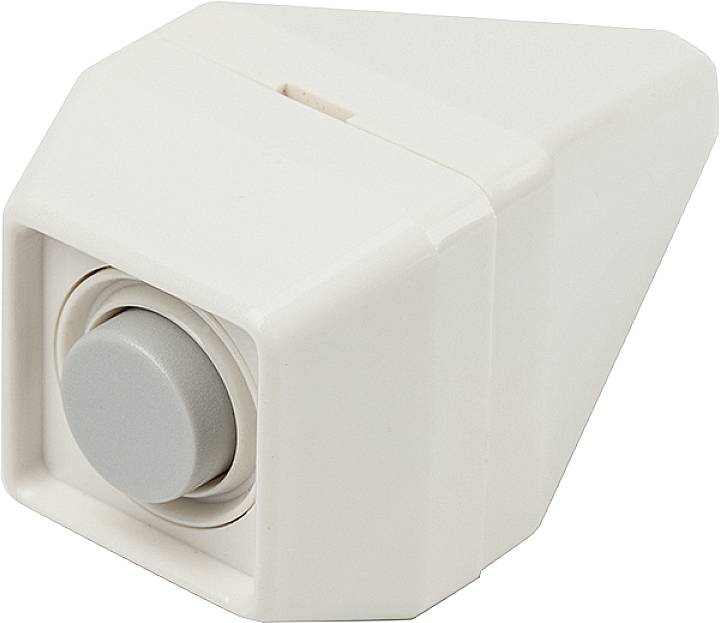 White, triangular light switch with a round, grey button in the centre.