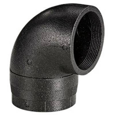 Black plastic 90-degree angle connector, commonly used for joining pipes in plumbing or heating applications.