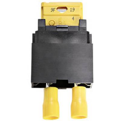 'A yellow and black electrical plug with two terminals, suitable for high-current applications.'